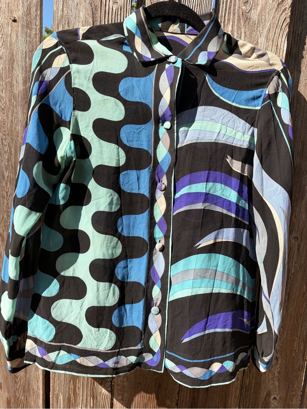 Emilio Pucci Black, Blue & Mint Abstract Wave Button-Down Shirt